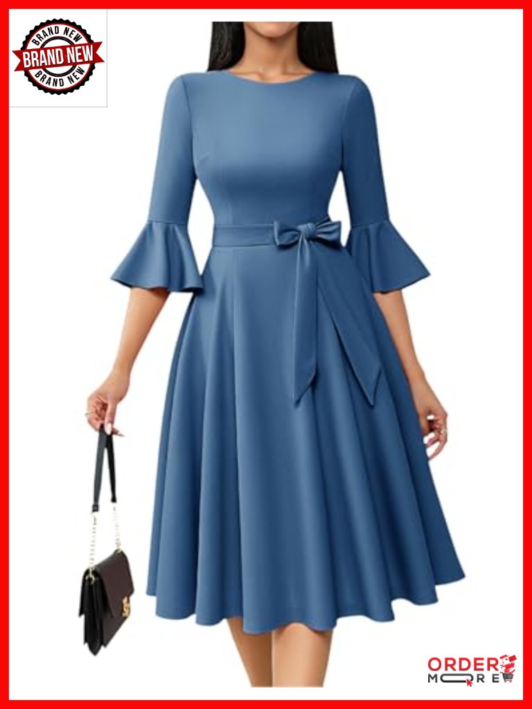 Modest A-Line Midi Dress With Bell Sleeves And Belt